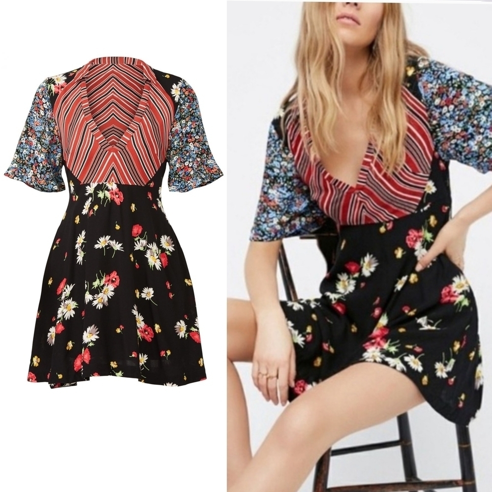Free People Multicolor Patchwork Striped Floral Short Sleeve V-Neck Dress, 8
